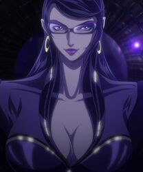  bayonetta bayonetta:_bloody_fate bayonetta_(character) black_hair breasts earrings female glasses highres jewelry large_breasts long_hair screencap smile solo stitched 