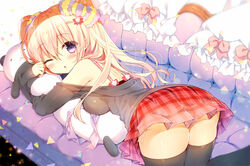  amanatsu_purin_(yadapot) ass bad_id bad_pixiv_id black_thighhighs blonde_hair blush bow commentary_request couch dakimakura_(object) female hair_between_eyes hair_ornament hairbow hairclip hugging_object long_hair long_sleeves looking_at_viewer looking_back lying off_shoulder on_couch on_stomach one_eye_closed original parted_lips pillow pillow_hug plaid plaid_skirt pleated_skirt purple_eyes red_skirt skirt solo spaghetti_strap thighhighs thighs two_side_up yadapot 