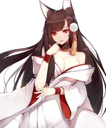  absurdres akagi_(azur_lane) akagi_(deep_crimson_poppy)_(azur_lane) animal_ears azur_lane ban_bu_bu_duou blunt_bangs blush breasts brown_hair cleavage commentary_request female fox_ears hair_ornament hand_up highres japanese_clothes kimono large_breasts long_hair looking_at_viewer official_alternate_costume parted_lips red_eyes simple_background smile solo very_long_hair white_background white_kimono wide_sleeves 