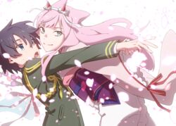  1boy agemaki_kei agemaki_kei_(cosplay) black_hair blue_eyes commentary_request cosplay couple crossover darling_in_the_franxx double_horizontal_stripe female gold_trim green_eyes hair_ornament highres hiro_(darling_in_the_franxx) holding_hands horns japanese_clothes kimono leje39 long_hair long_sleeves looking_at_another looking_at_viewer military military_uniform obi oni_horns open_mouth otome_youkai_zakuro petals pink_hair pink_kimono protected_link red_horns sash straight sweatdrop teeth tied_hair uniform zakuro_(otome_youkai_zakuro) zakuro_(otome_youkai_zakuro)_(cosplay) zero_two_(darling_in_the_franxx) 