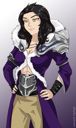  abs black_hair breasts cleavage coat commentary female fur_collar genderswap_(mtf) ghira_belladonna purple_coat rule_63 rwby yaya_(y8ay8a) yellow_eyes 