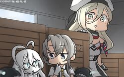  3girls :d abyssal_ship ahoge armband beret black_vest blonde_hair blouse blue_eyes commentary_request dated dress false_smile gloves grey_eyes grey_hair hair_between_eyes hamu_koutarou hat highres huge_ahoge i-class_destroyer kantai_collection long_hair mole mole_under_eye multicolored_clothes multicolored_gloves multiple_girls necktie new_submarine_princess nowaki_(kancolle) open_mouth richelieu_(kancolle) shirt short_sleeves smile strapless strapless_dress vest white_gloves white_hair white_shirt yellow_eyes yellow_necktie 