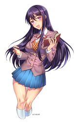  :d artist_name blue_skirt blush book breasts cropped_legs doki_doki_literature_club female hair_between_eyes hair_ornament hairclip highres holding holding_book kio_rojine kneehighs large_breasts long_hair open_book open_mouth pleated_skirt purple_eyes purple_hair school_uniform simple_background skirt smile socks solo white_background white_socks yuri_(doki_doki_literature_club) 