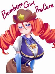  bad_id bad_pixiv_id blush breasts brooch cowboy_hat female freckles fringe_trim happinesscharge_precure! hat hat_ornament heart heart_brooch international_precure jewelry large_breasts ogi_(torikari) precure red_haired_cure_(bomber_girls_precure)_(happinesscharge_precure!) solo star_(symbol) star_hat_ornament 