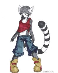  ambiguous_gender anthro baggy biped black_body black_fur bottomwear clothed clothing denim denim_bottomwear denim_clothing footwear fur grey_body grey_fur hair hi_res jamie_(disambiguation) jeans koshkio lemur looking_at_viewer mammal midriff pants primate ring-tailed_lemur shirt shoes short short_hair skinny slim solo standing strepsirrhine tank_top topwear traditional_media_(artwork) white_body white_fur yellow_eyes young young_anthro 