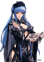  artist_name beret blue_hair breasts brush cleavage commentary dated drawing female hat highres large_breasts lie_mei_(thunderbolt_fantasy) long_hair opiu painting_(action) photoshop_(medium) red_eyes shang_bu_huan simple_background smirk solo thunderbolt_fantasy white_background 