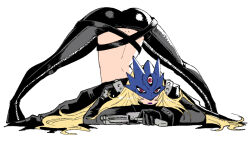  ass beelstarmon black_coat black_pants blonde_hair coat digimon digimon_(creature) female finger_on_trigger full_body gun holding holding_gun holding_weapon jack-o&#039;_challenge long_hair pants simple_background third_eye top-down_bottom-up wanderjegson weapon white_background 