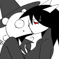  1:1 2025 anthro bear black_hair breasts catwitch_(xarop77) clothing cross cross-popping_vein digital_drawing_(artwork) digital_media_(artwork) domestic_cat duo eyelashes felid feline felis female female/female grey_clothing grey_hat grey_headwear hair hat headgear headwear hi_res inverted_cross kissing looking_at_another mammal narrowed_eyes red_sclera sharp_teeth simple_background teeth text white_background white_body white_ears witch_hat xarop77 