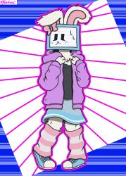  accessory anthro black_clothing black_shirt black_topwear blue_bottomwear blue_clothing blue_footwear blue_shoes blue_skirt blue_sneakers bottomwear bow_ribbon clothing electronics female footwear for_a_head freckles fur hair_accessory hair_ribbon hairbow hi_res hoodie lagomorph leg_warmers legwear leporid mammal melanie_(regretevator) nervous object_head pattern_bottomwear pattern_clothing pattern_leg_warmers pattern_legwear pattern_skirt pink_bow psykwol purple_clothing purple_hoodie purple_topwear rabbit regretevator ribbons screen screen_face screen_head shirt shoes skirt sneakers solo striped_bottomwear striped_clothing striped_leg_warmers striped_legwear striped_skirt stripes television topwear tv_head white_body white_fur 