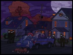  absurd_res ambiguous_gender anthro belly big_belly building bursting_out_of_clothing catboyz closed_eyes clothed clothing costume crowd digital_media_(artwork) female fish flabby_arms flabby_legs food fruit group hair halloween halloween_costume halloween_decoration hi_res holidays house huge_belly jack-o&#039;-lantern marine moon morbidly_obese morbidly_obese_anthro morbidly_obese_female neighborhood night obese obese_anthro obese_female open_mouth outside overweight overweight_anthro overweight_female plant pumpkin red_hair road shark sky sleeping solo tail torn_clothing tree truck truck_bed vehicle wardrobe_malfunction 