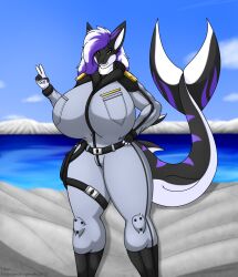  anthro big_breasts black_body breasts clothed clothing female fish hair hi_res huge_breasts hyper hyper_breasts katerian long_hair marine purple_body purple_hair sally_(katerian) shark shark_tail solo water white_body white_hair 
