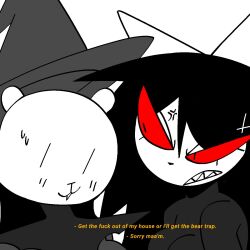  1:1 2025 anthro bear black_hair breasts catwitch_(xarop77) clothing cross cross-popping_vein digital_drawing_(artwork) digital_media_(artwork) domestic_cat duo english_text felid feline felis female female/female grey_clothing grey_hat grey_headwear hair hat headgear headwear hi_res inverted_cross looking_at_another mammal narrowed_eyes red_sclera sharp_teeth simple_background subtitled teeth text white_background white_body white_ears xarop77 yellow_text 