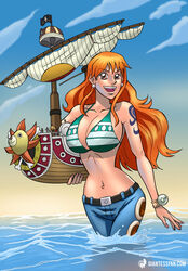  2015 artist_request big_breasts bikini bikini_top blue_jeans breasts chopper female female_focus franky franky_(one_piece) giantess giantess-fan-comics ginger ginger_hair jeans light-skinned_female light_skin long_hair looking_at_viewer male monkey_d_luffy nami nami_(one_piece) nico_robin one_piece orange_hair pirate pirate_girl pirate_ship pirates post-timeskip roronoa_zoro thousand_sunny 