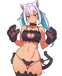  animal_ears animal_hands batta_16-sei black_panties blue_hair breasts cat_cutout cat_ears cat_lingerie cat_tail character_request clothing_cutout copyright_request female gloves highres long_hair looking_at_viewer medium_breasts multicolored_hair panties paw_gloves pink_hair purple_eyes solo tail underwear white_background white_hair 