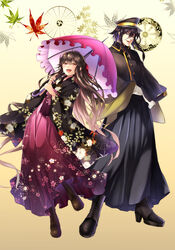  1boy :d alternate_costume amakasu_masahiko asa_no_ha_(pattern) black_hair boots brown_hair commentary_request cross-laced_footwear crossover fate/grand_order fate_(series) female floral_print flower genjiguruma gloves hair_ribbon hat hatori_mia highres japanese_clothes katana kimono koha-ace lace-up_boots leaf leaf_print long_hair maple_leaf maple_leaf_print oda_nobunaga_(fate) oda_nobunaga_(koha-ace) open_mouth parasol peaked_cap peony_(flower) purple_eyes ribbon seigaiha smile soushuu_senshinkan_gakuen_hachimyoujin sword teeth umbrella upper_teeth_only weapon white_gloves 