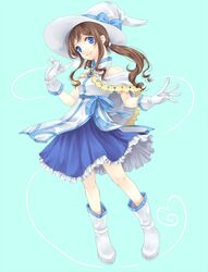  aqua_background bare_shoulders belinda_(sennen_sensou_aigis) blue_eyes boots brown_hair capelet cherika914 commentary_request female full_body gloves hat knee_boots sennen_sensou_aigis sidelocks smile solo witch_hat 