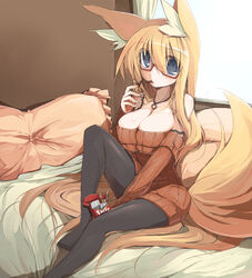  animal_ears bad_id bad_pixiv_id black_legwear blue_eyes borrowed_character breasts endou_chihiro female food fox_ears fox_tail futaba_aoi_(naomi) glasses highres large_breasts long_hair looking_at_viewer original pantyhose pocky sitting tail 