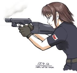  aiming black_gloves breasts brown_eyes brown_hair commentary_request dated female from_side gloves gun h&amp;k_vp70 handgun medium_breasts original partially_fingerless_gloves shirt short_hair solo t-shirt taikyokuturugi weapon 