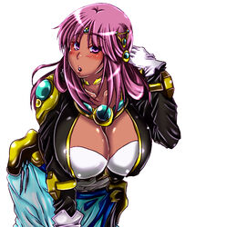  ariel_org breasts cleavage commentary_request dark-skinned_female dark_skin female gloves jacket large_breasts long_hair pink_eyes pink_hair simple_background solo super_robot_wars wakamoto_ero_mondo_tadao white_background 