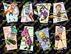  4boys 4girls adjusting_hair artist_name baseball_cap beanie bike_shorts bucket cabbie_hat cha_kuro_(limo) commentary_request dated dual_squelcher_(splatoon) fangs game_console gatling_gun glasses gun hachimaki hand_on_own_hip hat headband holding ink_tank_(splatoon) inkbrush_(splatoon) inkling inkling_boy inkling_girl inkling_player_character inkstrike_(splatoon) jumping long_hair looking_at_viewer mini_splatling_(splatoon) minigun multiple_boys multiple_girls nejiri_hachimaki open_mouth paintbrush partially_translated pointy_ears sandals shirt shoes signature single_vertical_stripe sitting slosher_(splatoon) smile sneakers splash-o-matic_(splatoon) splat_charger_(splatoon) splatoon_(series) splatoon_1 splattershot_pro_(splatoon) sploosh-o-matic_(splatoon) standing striped stylus super_soaker t-shirt tentacle_hair topknot translation_request vertical_stripes weapon wii_u 