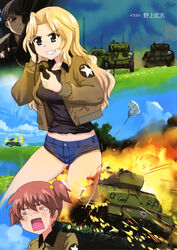  3girls =_= absurdres alisa_(girls_und_panzer) artist_name balloon black_shirt blonde_hair blue_eyes blue_shorts brown_hair brown_jacket closed_mouth cloud cloudy_sky day denim denim_shorts emblem explosion firing freckles girls_und_panzer gloom_(expression) grin hair_intakes hair_ornament headphones highres holding holding_radio jacket kay_(girls_und_panzer) long_hair m4_sherman midriff military military_uniform military_vehicle motor_vehicle multiple_girls naomi_(girls_und_panzer) navel nogami_takeshi open_mouth outdoors radio saunders_(emblem) saunders_military_uniform sherman_firefly shirt short_hair short_shorts short_twintails shorts sky smile standing star_(symbol) star_hair_ornament tank tanker_jacket tearing_up twintails uniform very_short_hair wavy_mouth 