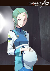  absurdres aqua_hair belly blue_hair body_suit bodysuit bones_(company) breasts covered_navel datenaito eureka eureka_seven eureka_seven_(series) eureka_seven_ao facial_mark facing_away female forehead forehead_mark fukai_ao grey_background hair_clip hair_ornament hand_on_own_stomach highres huge_filesize insignia interior leggings lens_flare letterboxed light light_smile looking_at_viewer mother navel older outie_navel perky_breasts porthole pregnant purple_eyes room science_fiction short_hair smile solo spoilers uniform window 