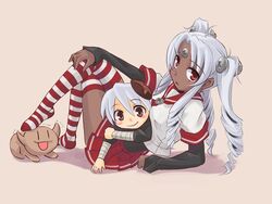  2girls commentary_request dark-skinned_female dark_skin drill_hair lolicon multiple_girls os-tan red_eyes red_legwear school_uniform striped_clothes striped_thighhighs thighhighs ugai_yuichi vista-tan vistake white_hair 