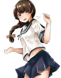  absurdres blue_skirt braid brown_eyes brown_hair commentary_request female hair_over_shoulder hair_ribbon highres kantai_collection kazu_(really_in_hot_water_now) long_hair looking_at_viewer midriff navel neckerchief open_mouth pleated_skirt red_ribbon ribbon sailor_collar school_uniform serafuku short_sleeves single_braid skirt smile solo uranami_(kancolle) 