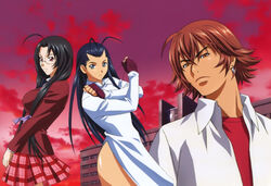  1boy 2girls absurdres ahoge antenna_hair black_hair blazer blue_eyes blue_hair breasts brown_hair building china_dress chinese_clothes cloud crossed_arms dress earrings fingerless_gloves flipped_hair frown glasses gloves hair_ribbon highres ikkitousen jacket jewelry kakouen_myousai kaku_bunwa large_breasts long_hair looking_at_viewer magatama magatama_earrings metal_wire multiple_girls official_art open_clothes open_shirt orange_eyes own_hands_together photoshop_(medium) plaid plaid_skirt red_eyes ribbon rimless_eyewear rin-sin scan school school_uniform shirt short_hair side_slit skirt sky sousou_moutoku standing sunset tan v_arms very_long_hair weapon white_dress wing_collar 