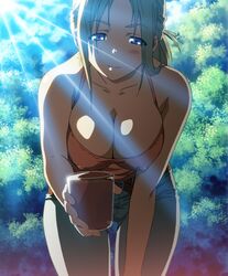  blonde_hair blue_eyes breasts cleavage covered_nipples cup day denim drink female giving incoming_drink jeans kamimura_akiko kouzaka_kouhei large_breasts leaning_forward looking_at_viewer mature_female nail_polish official_art outdoors pants sisters_~natsu_no_saigo_no_hi~ smile solo sunlight 