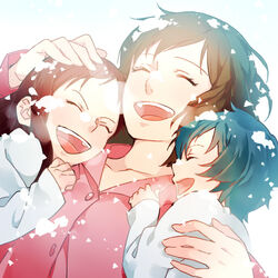  1boy 2girls affectionate ame_(ookami_kodomo) bad_id bad_pixiv_id blue_hair brown_hair closed_eyes family group_hug hana_(ookami_kodomo) happy hug kazari_tayu long_hair mother_and_daughter mother_and_son motherly multiple_girls ookami_kodomo_no_ame_to_yuki open_mouth short_hair smile snow teeth upper_body upper_teeth_only yuki_(ookami_kodomo) 