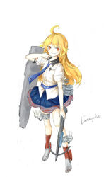  ahoge aircraft_carrier american_flag blonde_hair character_name commentary_request emblem female flight_deck gun highres kantai_collection long_hair looking_at_viewer military military_vehicle mixed_media necktie orange_eyes original personification red_legwear ship shirt simple_background smirk solo united_states uss_enterprise_(cv-6) warship watercraft weapon white_background white_shirt yorktown_class_aircraft_carrier yorktown_cv-5 