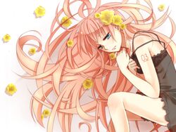  blue_eyes commentary_request female flower hair_flower hair_ornament long_hair lying megurine_luka on_side pink_hair sachikan see-through simple_background solo very_long_hair vocaloid 