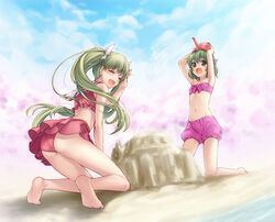  2girls :d ^_^ bad_id bad_pixiv_id bandeau barefoot beach bikini bloomers blush closed_eyes commentary_request frey_(rune_factory) frilled_bikini frills front-tie_top green_hair grey_eyes hair_ribbon kneeling kohaku_(rune_factory) multiple_girls navel open_mouth ribbon rune_factory rune_factory_4 sailor_collar sand_castle sand_sculpture smile swimsuit twintails underwear utsugi_(skydream) watering_can 