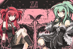  2girls bad_id bad_pixiv_id beatmania_iidx breasts copyright_name endou_chihiro green_hair long_hair looking_at_viewer medium_breasts multiple_girls red_eyes red_hair smile 