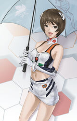  ayanami_rei ayanami_rei_(cosplay) brown_eyes brown_hair commentary_request cosplay elbow_gloves female gloves highres ikari_yui konta midriff miniskirt neon_genesis_evangelion original pencil_skirt photoshop_(medium) race_queen short_hair skirt solo umbrella 