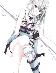  asymmetrical_clothes asymmetrical_hair bandages braid breasts commentary_request female flower gloves hair_flower hair_ornament kaine_(nier) kmikan lingerie medium_breasts negligee nier nier_(series) solo underwear white_hair 