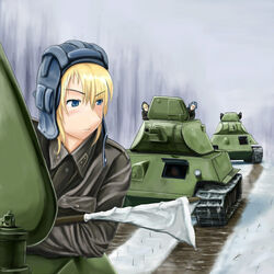  blonde_hair blue_eyes caterpillar_tracks commentary_request female flag kcme military military_vehicle motor_vehicle snow soldier t-34 tank tree white_flag world_war_ii 