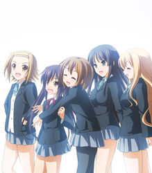  5girls akiyama_mio black_eyes black_hair blonde_hair brown_eyes brown_hair closed_eyes commentary_request highres hirasawa_yui hug k-on! kotobuki_tsumugi long_hair multiple_girls nakano_azusa open_mouth pantyhose photoshop_(medium) sakuragaoka_high_school_uniform school_uniform short_hair tainaka_ritsu tsuda_akira 