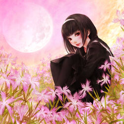  analogous_colors black_hair black_pantyhose black_serafuku black_skirt blush commentary_request dianthus enta_shiho female flower from_side full_moon gradient_sky hairband hugging_own_legs knees_to_chest looking_at_viewer moon original pantyhose pink_sky pleated_skirt red_eyes red_lips school_uniform serafuku short_hair sitting skirt sky solo 