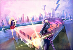  2girls bad_id bad_pixiv_id blonde_hair blue_eyes blue_hair bow canine car chuck_(psg) cityscape hairbow hummer hummer_h1 komgakure long_hair motor_vehicle multiple_girls panty_&amp;_stocking_with_garterbelt panty_(psg) pantyhose see-through_(psg) siblings sisters smile stocking_(psg) striped_clothes striped_pantyhose thighhighs vehicle_focus 