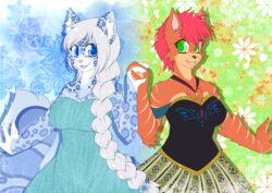  anthro blue_eyes breasts clothed clothing disney dress duo felid female frozen_(movie) green_eyes hair hand_holding jewelry lovelesskiax mammal necklace open_mouth princess_anna_(frozen) queen_elsa_(frozen) red_hair smile 