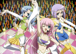  3girls absurdres ahoge arm_up blue_hair breasts choker chouhou choukaku chouryou_(renhou) cleavage detached_sleeves drill_hair glasses green_eyes hand_on_own_hip headset highres idol imageboard_desourced koihime_musou large_breasts medium_breasts midriff multiple_girls navel non-web_source official_art one_eye_closed open_mouth pink_hair purple_hair siblings sisters thighhighs white_thighhighs yellow_thighhighs zettai_ryouiki 