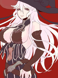  breasts cleavage commentary_request detached_sleeves female granblue_fantasy hair_between_eyes hat large_breasts long_hair long_sleeves magisa_(granblue_fantasy) miwayama partial_commentary purple_eyes red_background sideboob simple_background smile solo white_hair witch_hat 