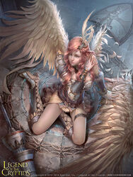  arm_support armor armored_boots boots braid breasts bridal_gauntlets cleavage cleavage_cutout clothing_cutout commentary copyright_name dated faulds feathered_wings feathers female french_braid from_above gauntlets hair_ornament hand_on_own_shoulder high_heels injury kneeling lance large_breasts legend_of_the_cryptids long_hair official_art pauldrons polearm red_hair shield shoulder_armor sidelocks single_wing skirt swept_bangs thighhighs tile_floor tiles torn_wings watermark weapon web_address white_legwear white_skirt wings yu_cheng_hong 