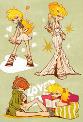  1boy alternate_hairstyle applying_pedicure aqua_nails barefoot blonde_hair bridal_garter brief_(psg) casual commentary_request crop_top dress eating evening_gown feet female formal holding_another&#039;s_foot long_hair midriff midriff_peek miniskirt nail_polish official_style orange_hair panty_&amp;_stocking_with_garterbelt panty_(psg) reading red_nails sachiko_(omame) shorts skirt 