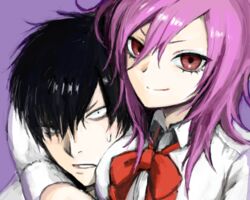  1boy bad_id bad_pixiv_id brother_and_sister eyelashes female hoozuki-san_chi_no_aneki hoozuki_gorou hoozuki_haru hug igarashi_ran_(igatz) official_art pink_hair red_eyes ribbon shirt siblings sweatdrop 