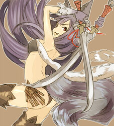  :3 :d advent-lezard animal_ears arms_behind_head arms_up ass bare_shoulders black_gloves brown_background commentary_request erune female fox_ears fox_tail from_behind gloves granblue_fantasy holding holding_sword holding_weapon long_hair looking_back oerba_yun_fang open_mouth outline purple_hair red_eyes simple_background smile solo sword tail thighhighs v-shaped_eyebrows weapon yuel_(granblue_fantasy) 