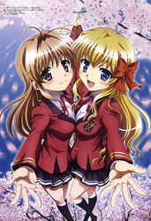  2girls :d absurdres antenna_hair black_legwear blazer blonde_hair blue_eyes blush body_blush bow breast_press breasts brooch brown_hair buttons cherry_blossoms foreshortening fortune_arterial hair_intakes hairbow hands highres holding_hands interlocked_fingers ishii_kumi jacket jewelry kneehighs long_hair looking_at_viewer medium_breasts megami_magazine multiple_girls official_art open_mouth outstretched_arm outstretched_arms outstretched_hand petals photo_background pleated_skirt purple_eyes ribbon scan school_uniform sendou_erika skirt sky smile socks spread_arms standing symmetrical_docking tree yuuki_haruna 