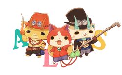  bad_id bad_pixiv_id commentary cosplay feline gloves goggles goggles_on_headwear hand_on_own_hip hat highres jewelry jibanyan kanacho komajirou komasan monkey_d._luffy monkey_d._luffy_(cosplay) multiple_tails necklace no_humans notched_ear one_piece portgas_d._ace portgas_d._ace_(cosplay) sabo_(one_piece) sabo_(one_piece)_(cosplay) simple_background straw_hat tail top_hat two_tails white_background youkai_(youkai_watch) youkai_watch 